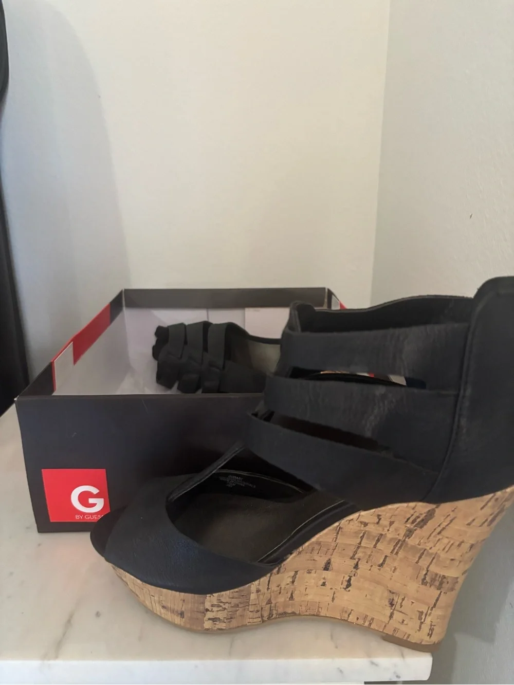 GUESS Black Leather Strappy Cork Wedge Sandals
